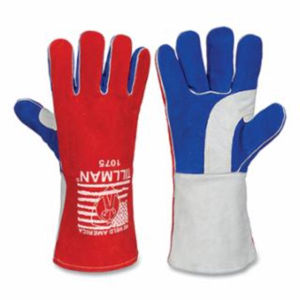 724-1075 14 in. 1075 Cuff Premium Side Split Cowhide Palm Stick Welding Gloves, Red, Blue & Pearl - Large - Pack of 12