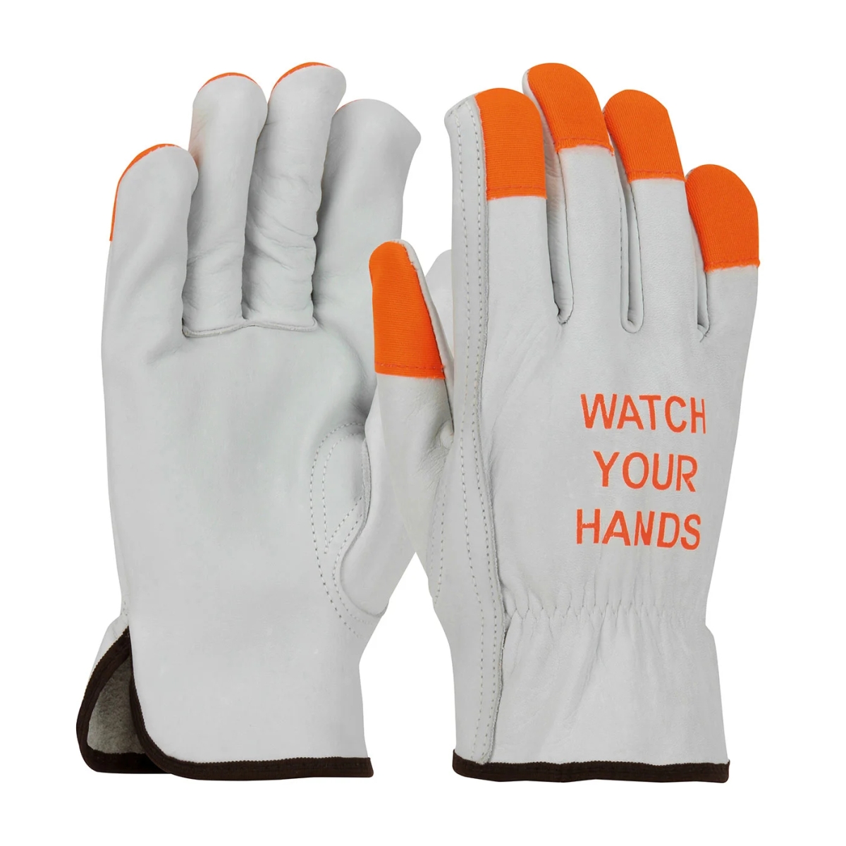 112-68-162HV-M Cowhide Leather Drivers Gloves with Hi-Vis Fingers - Medium, Orange & Natural