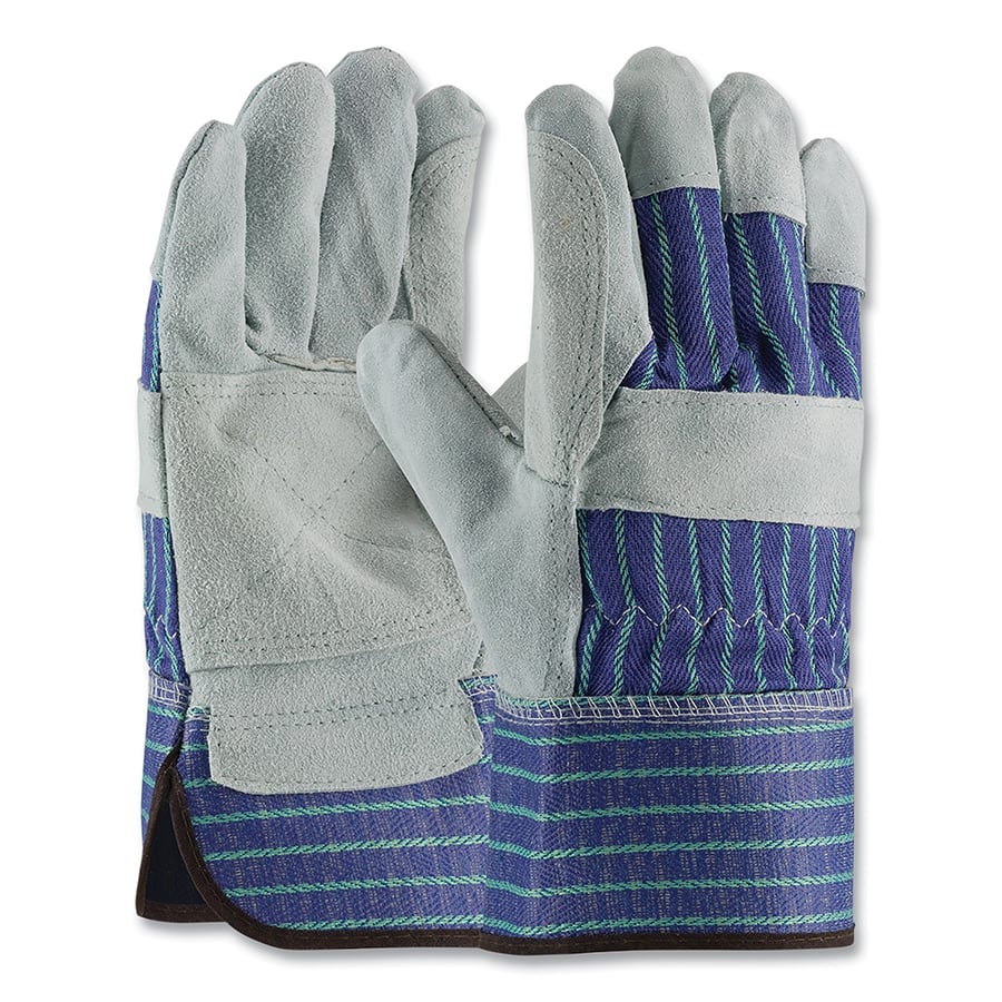 Superior Grade Split Cowhide Leather Double Palm Glove w/Fabric Back, Rubberized Safety Cuff, 12PK