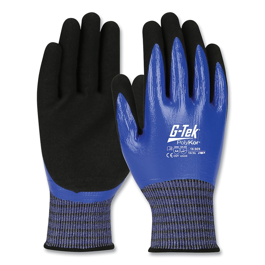 112-16-939-S G-Tek PolyKor Gloves, Nitrile Coated, Black & Blue - Small