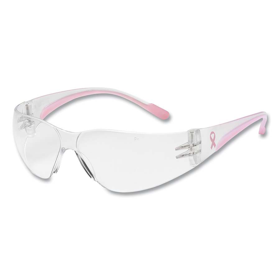 PiP Safety Glasses: Scratch-Resistant, Polycarbonate, Clear Lenses, Frameless - Clear & Pink Frame, Non-Adjustable Temples, Series Eva Petite, ANSI