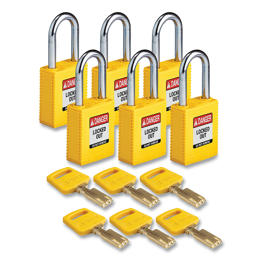 Lockout Padlock, Keyed Different, Nylon, Yellow, 1 1/2 in Shackle Height, 1 1/2 in Body Width, 6 PK