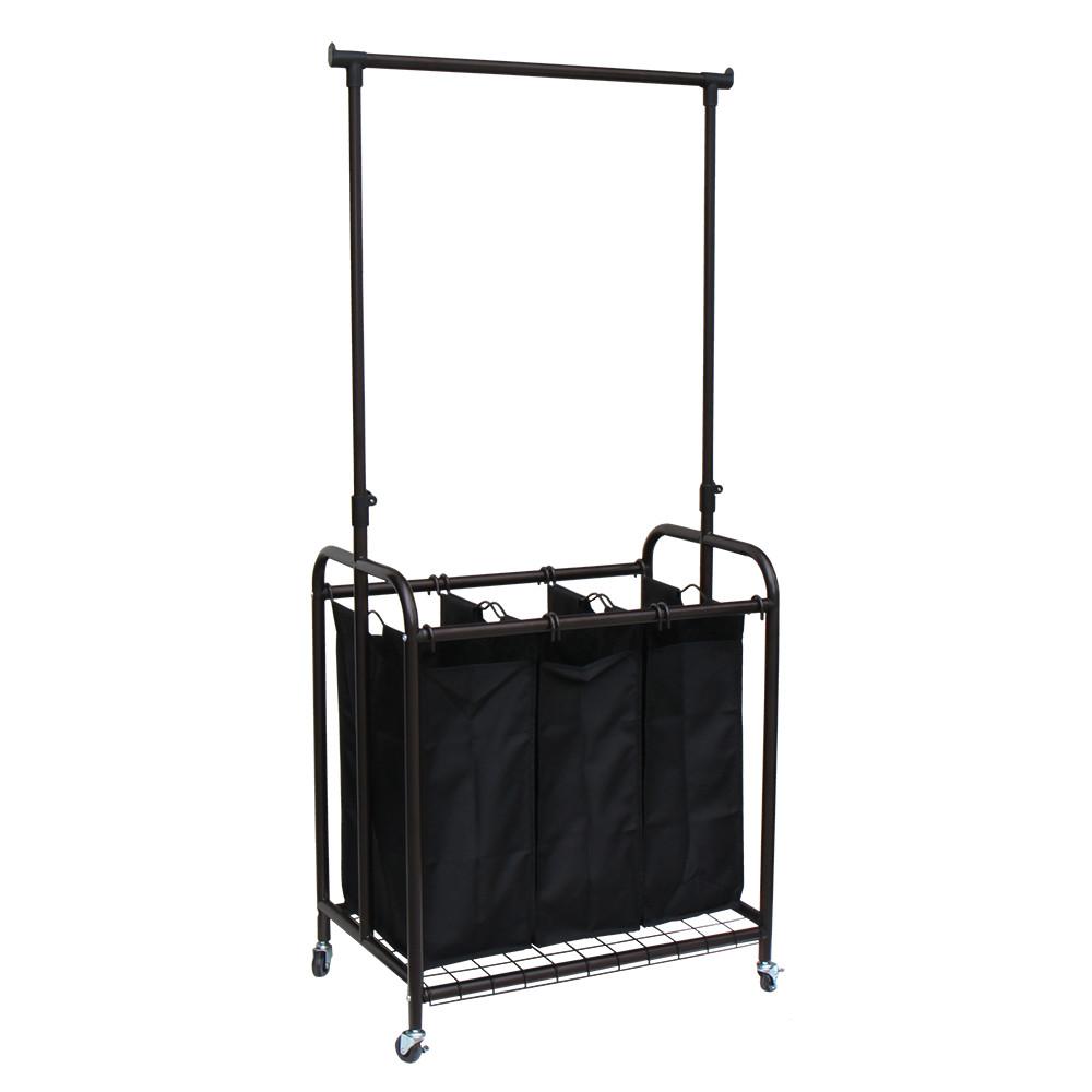 3-Bag Rolling Laundry Sorter with Adjustable Hanging Bar, Bronze