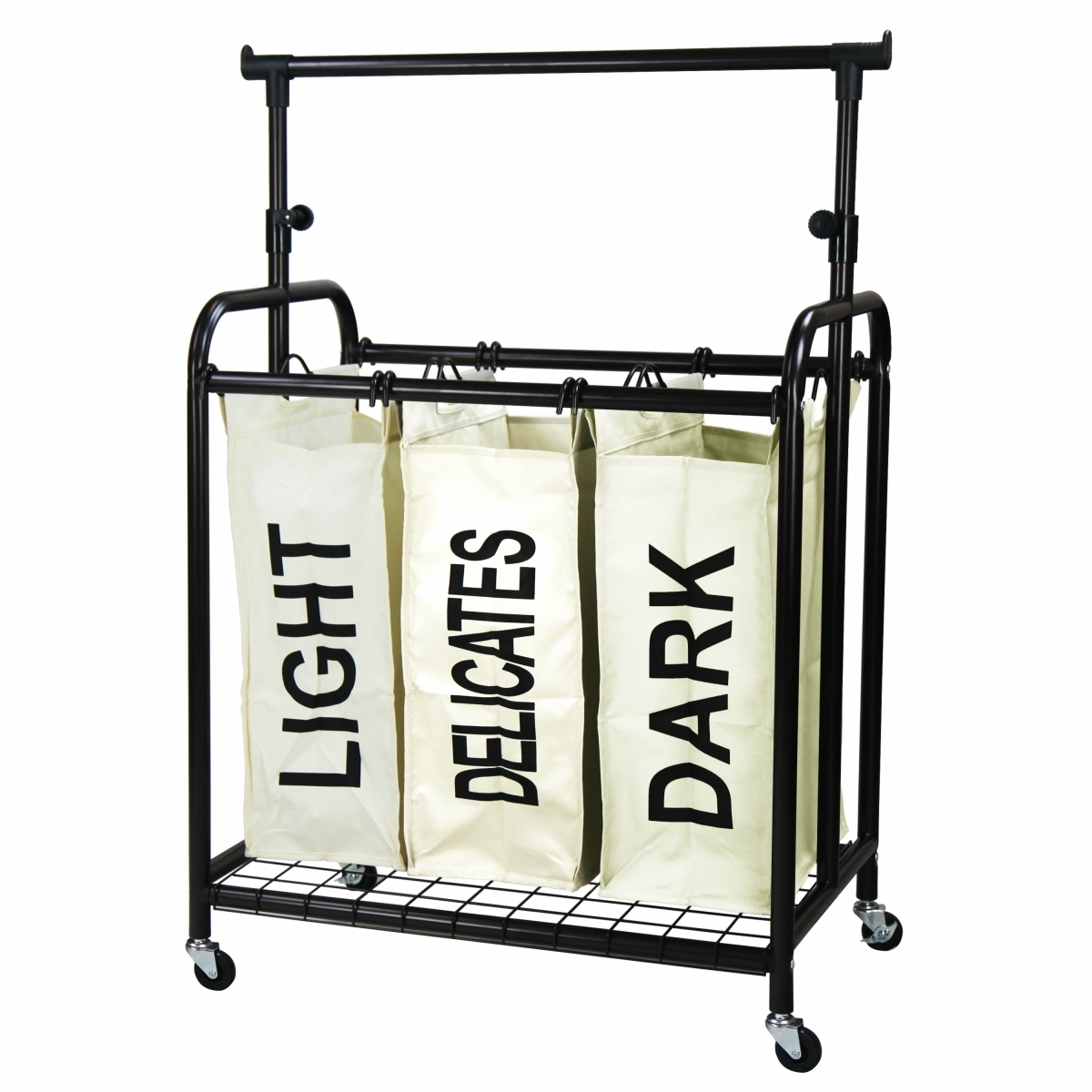 3-Bag Rolling Laundry Sorter With Adjustable Hanging Bar, White