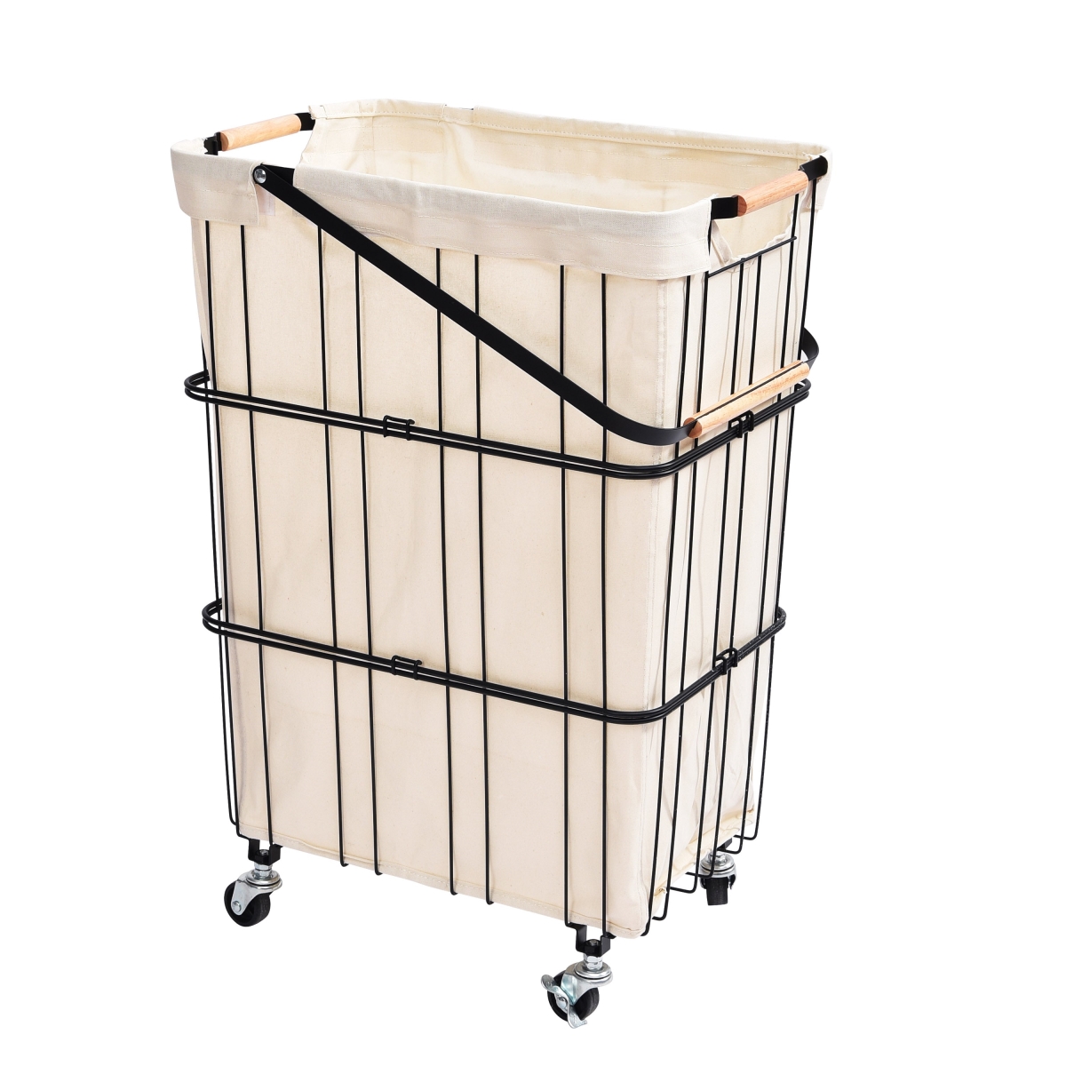 24.8 x 11.9 x 18.3 in. Mobile Rolling Storage Laundry Basket Cart with Handle, Black