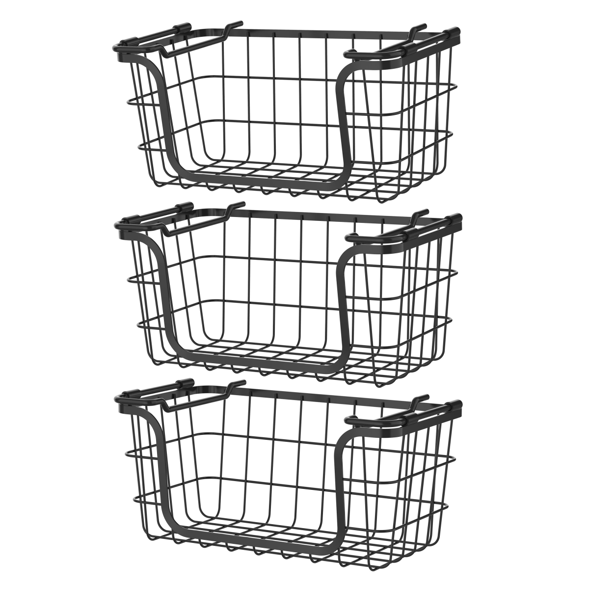 5.52 x 6.38 x 12.50 in. Stackable Metal Wire Storage Basket Set for Pantry, Countertop Kitchen or Bathroom, Black - Set of 3