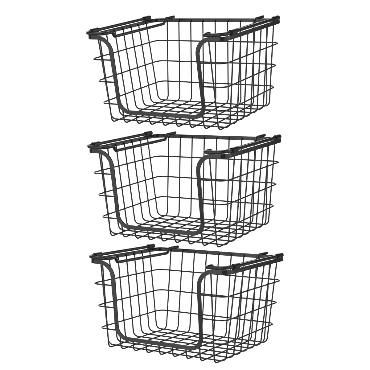 7.49 x 10.40 x 12.32 in. Stackable Metal Wire Storage Basket Set for Pantry, Countertop Kitchen or Bathroom, Black - Set of 3