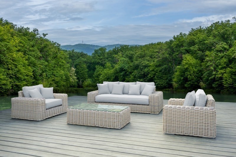 Anna Outdoor Wicker Furniture Set with Wicker Coffee Table, White & Grey - 4 Piece