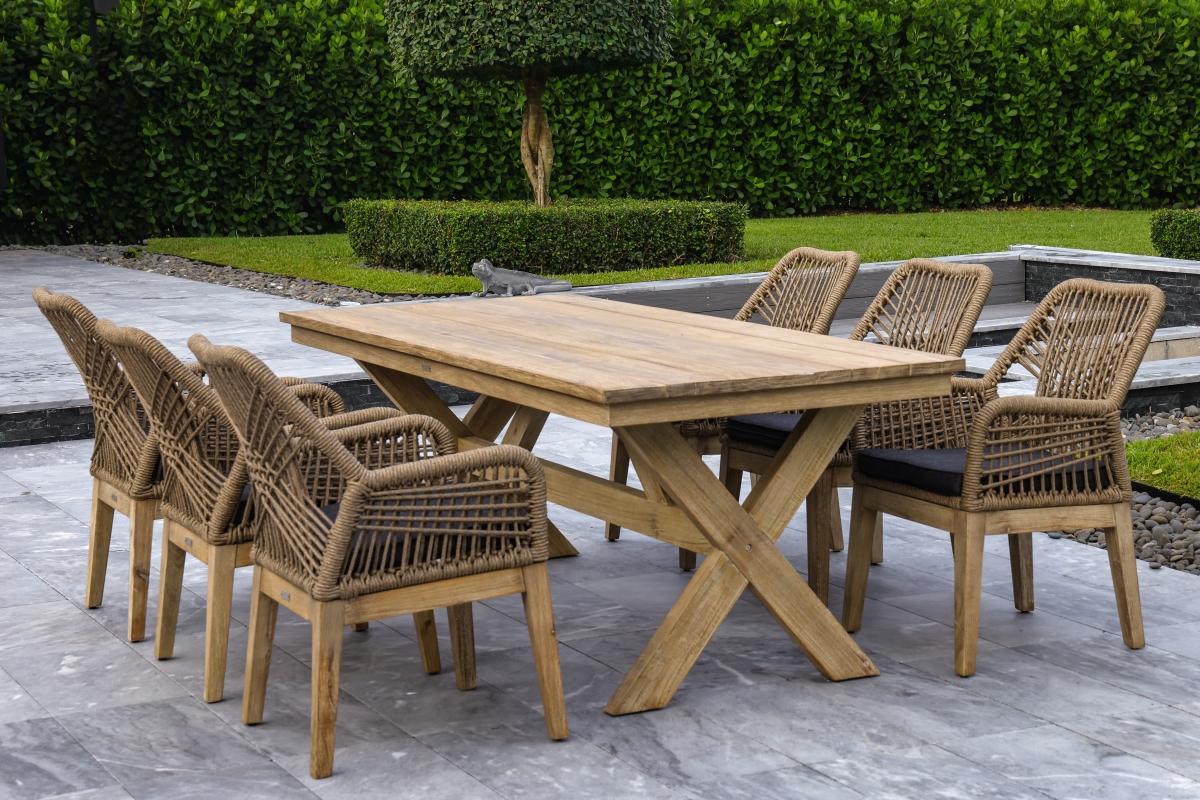 0ASAN-MEL-DIN-SET-WH Santino Plus Melina Outdoor Dining Set Wood Dining Table & 6 Rope Backing Chairs with White Legs - 7 Piece -  Outsy