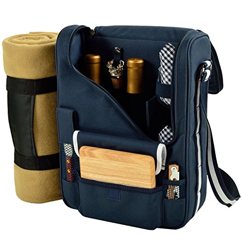 Picture of Picnic at Ascot 535X-BLB Bordeaux Wine & Cheese Cooler Bag with Glass Wine Glasses & Blanket - Navy Blue