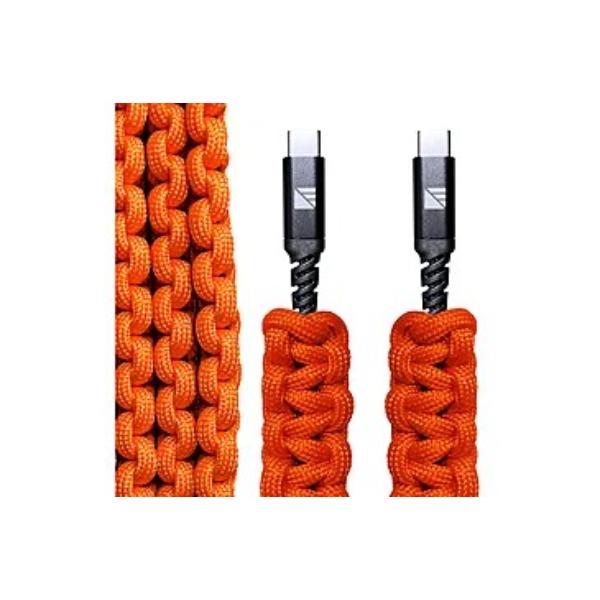 Dark Energy 6 Feet USB-C to USB-C Paracord Cable with Leather Strap and Armoring (Hi-Vis Orange)