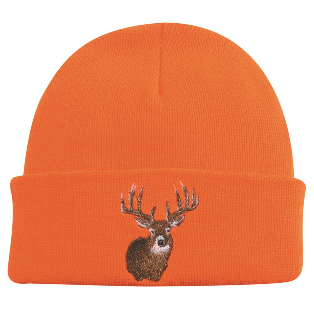 Knit Watch Cap, Blaze Orange with Deer - One Size