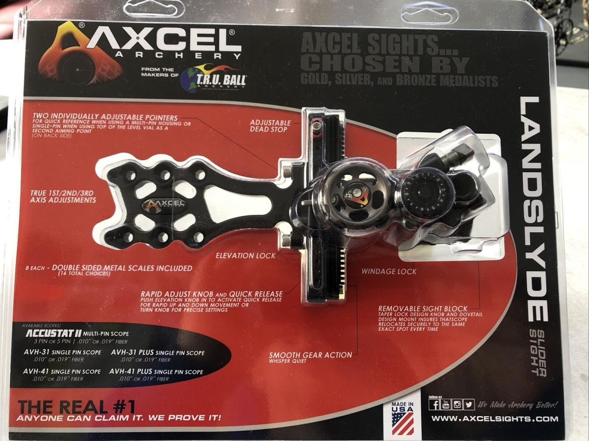 AXCEL LANDSLYDE Plus Slider Non-Dampened w/AVX-31 Scope, "T", Rheostat Cover, Torque Ind., Crosshair 1-Pin .019 Grn Fiber Blk Bow Sight ALNP-N119-3GB