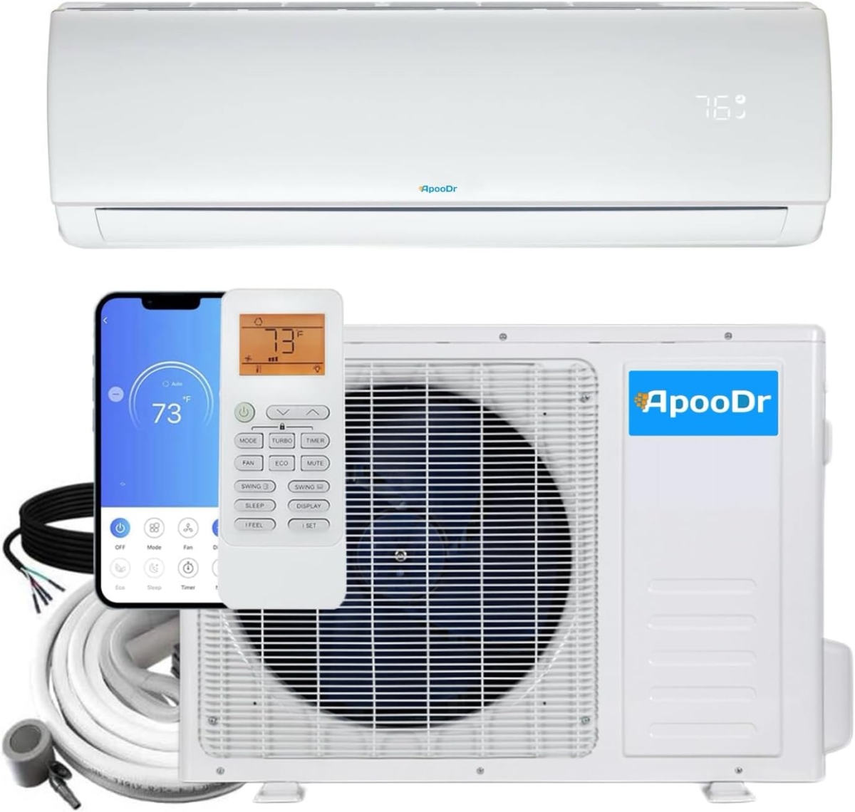 AES19-12H220V1B  12,000 BTU 19 SEER2, 230-Volt, 600-Sq.Ft Ductless Mini Split AC with Heat Pump, Wi-Fi, 16Ft. Lineset -  ApooDr