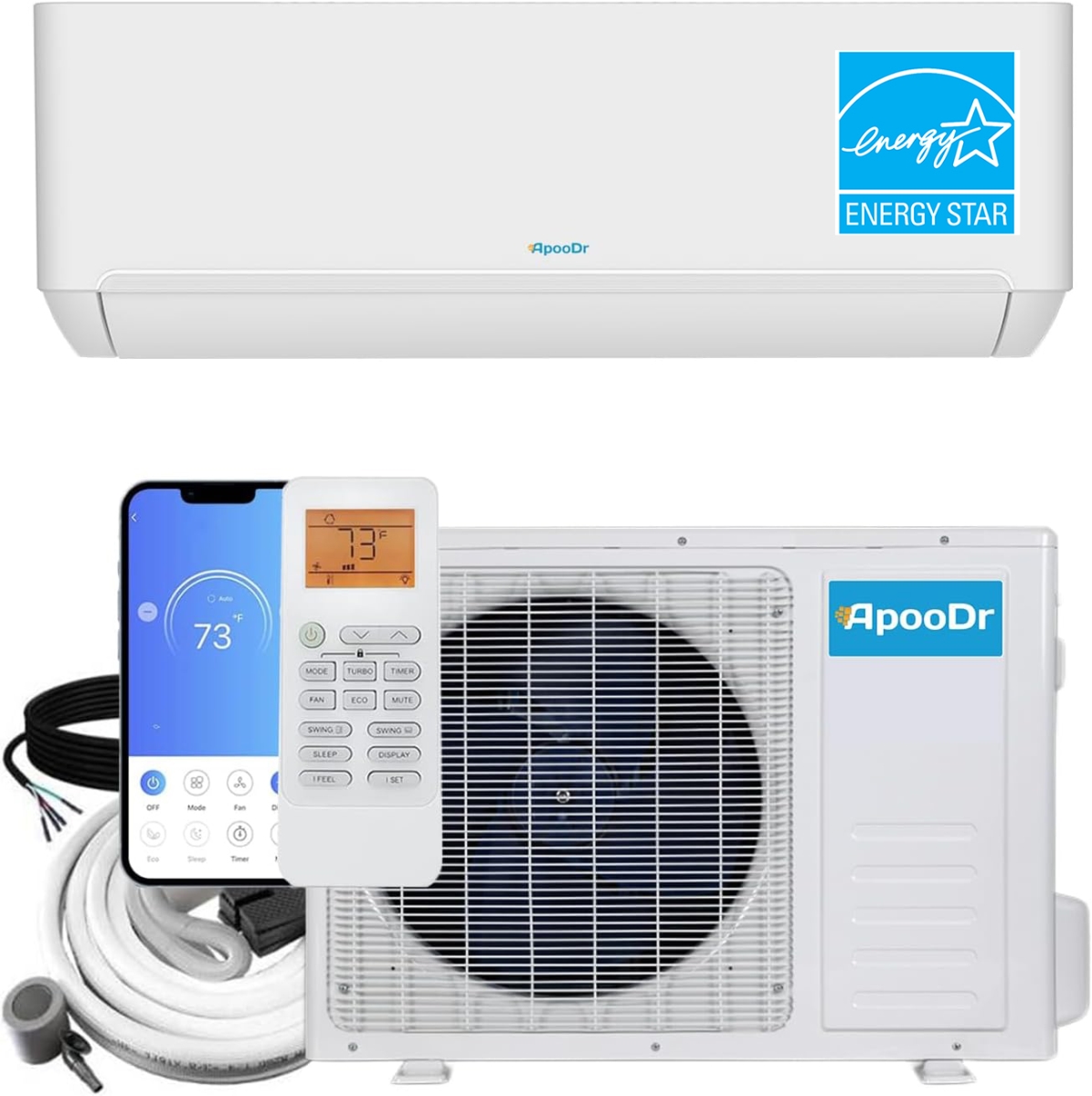 ENERGY STAR 12,000 BTU 22 SEER2, 230-Volt, 600-Sq.Ft Ductless  Mini Split AC with Heat Pump, Wi-Fi, 16Ft. Lineset -  ApooDr, ATPRO23-12H220V1B