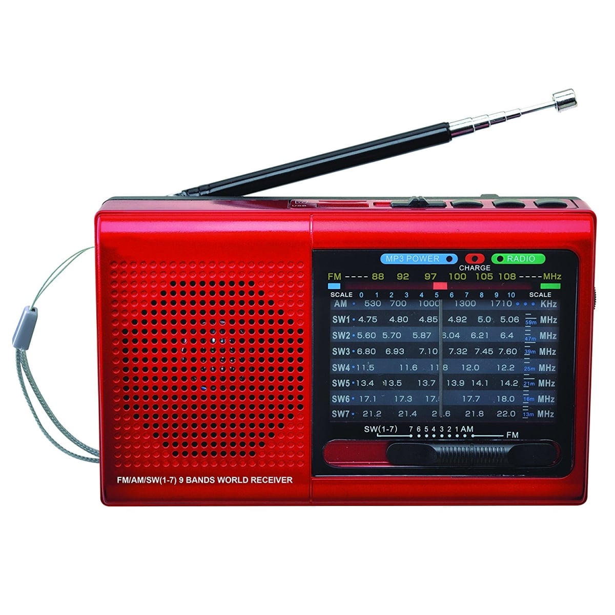 Supersonic  9 Band Bluetooth, Micro SD Card & USB, Red