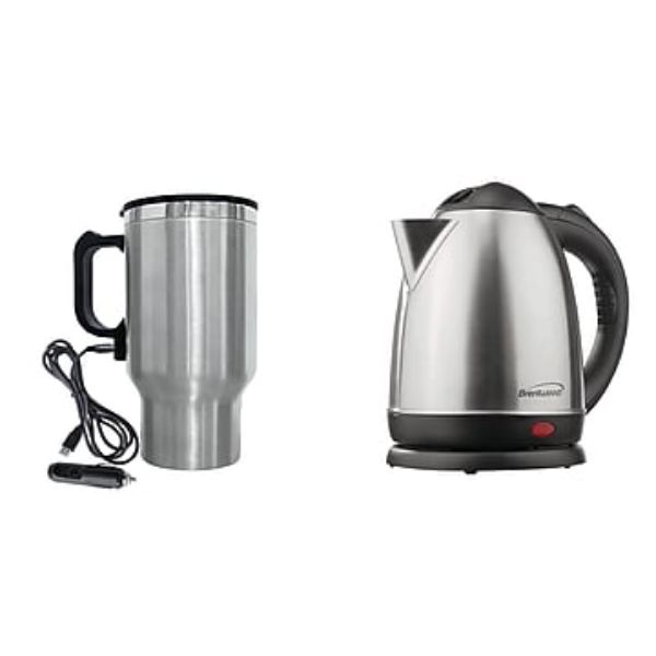 Picture of Brent Wood 843631151754 1.5-Liter Stainless Steel Cordless Electric Kettle with Heated Travel Mug & Adapter&#44; Silver
