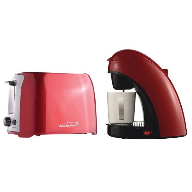 Picture of Brentwood Appliances 843631123324 1-Cup Red Coffee Maker with Mug & 2-Slice Red Extra-Wide Slot Toaster