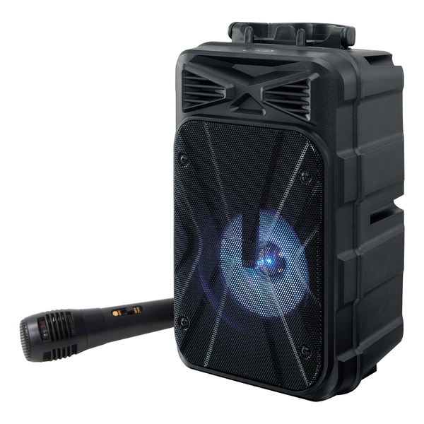 ISB202B Portable 8 in. 10W Bluetooth Rechargeable Party & Karaoke Tailgate Speaker with Party Lights & Wired Microphone