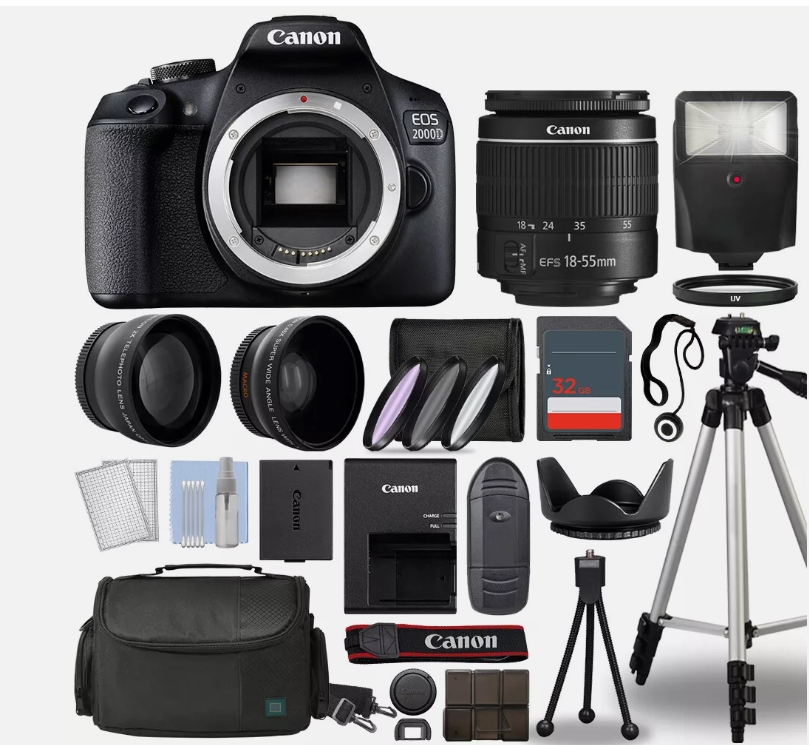 Camera EOS 2000D / Rebel T7 SLR Camera + 3 Lens Kit 18-55mm + 32GB + Flash & More