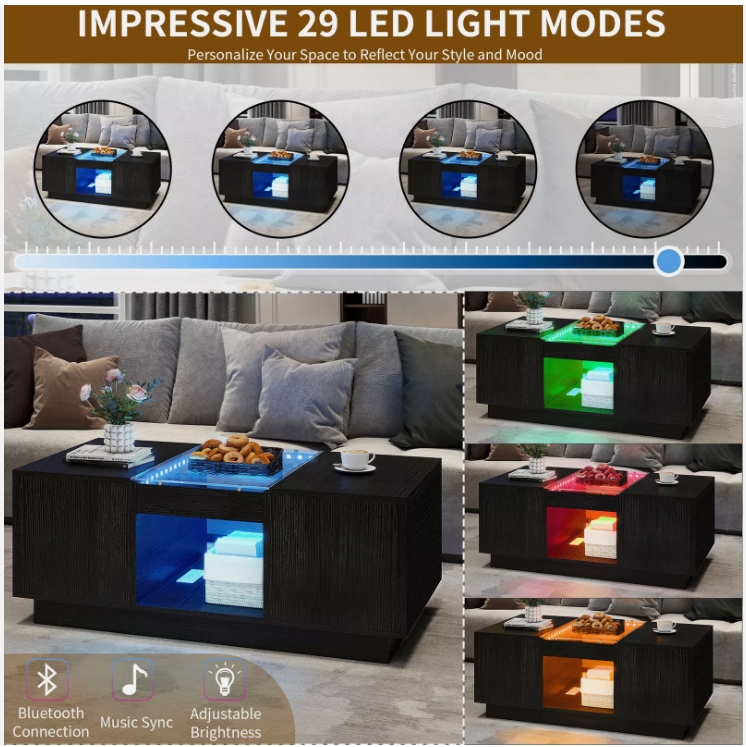 Picture of TAUS Modern Coffee Table Modern Coffee Table End Table 2 Drawers with Charging Station and LED Lights