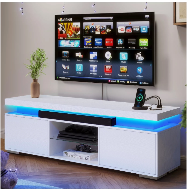 Picture of TAUS TV Stand with Power Outlets TV Stand with Power Outlets & LED Lights For TVs up to 65&apos; Entertainment Center