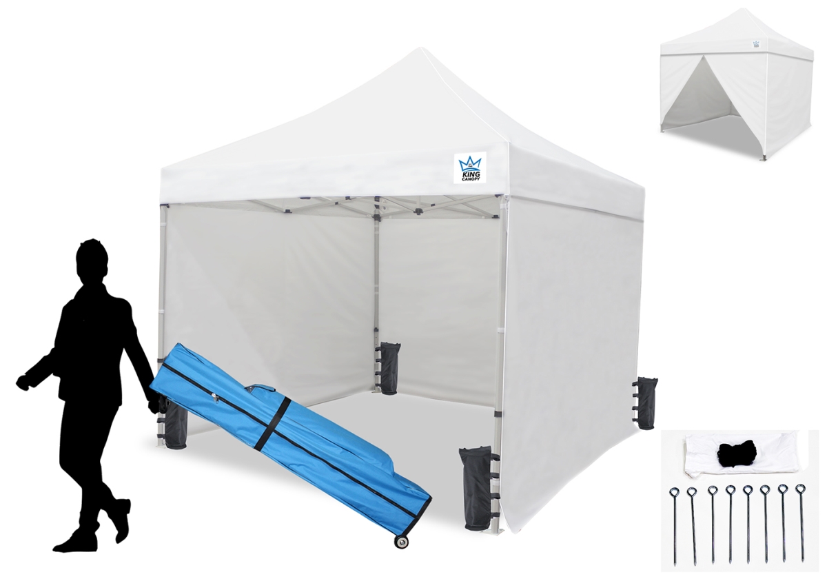 10 x 10 ft. Ares Commercial Instant Pop Up Canopy with 3 Solid Sides, 1 Zippered Door, Weight Bags, Guy Rope & Stakes, White