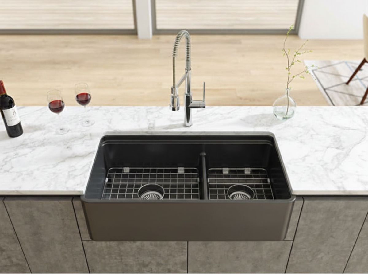 Picture of LaToscana LDL3619B 36 in. Reversible Farmhouse Apron-Front Double Bowl Black Fireclay Kitchen Sink