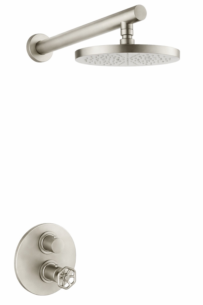 Lucia 2-Handle Wheel Handle Shower Faucet Kit with Showerhead and Thermostatic Valve with Volume Control in Brushed Nickel (Valve Included)