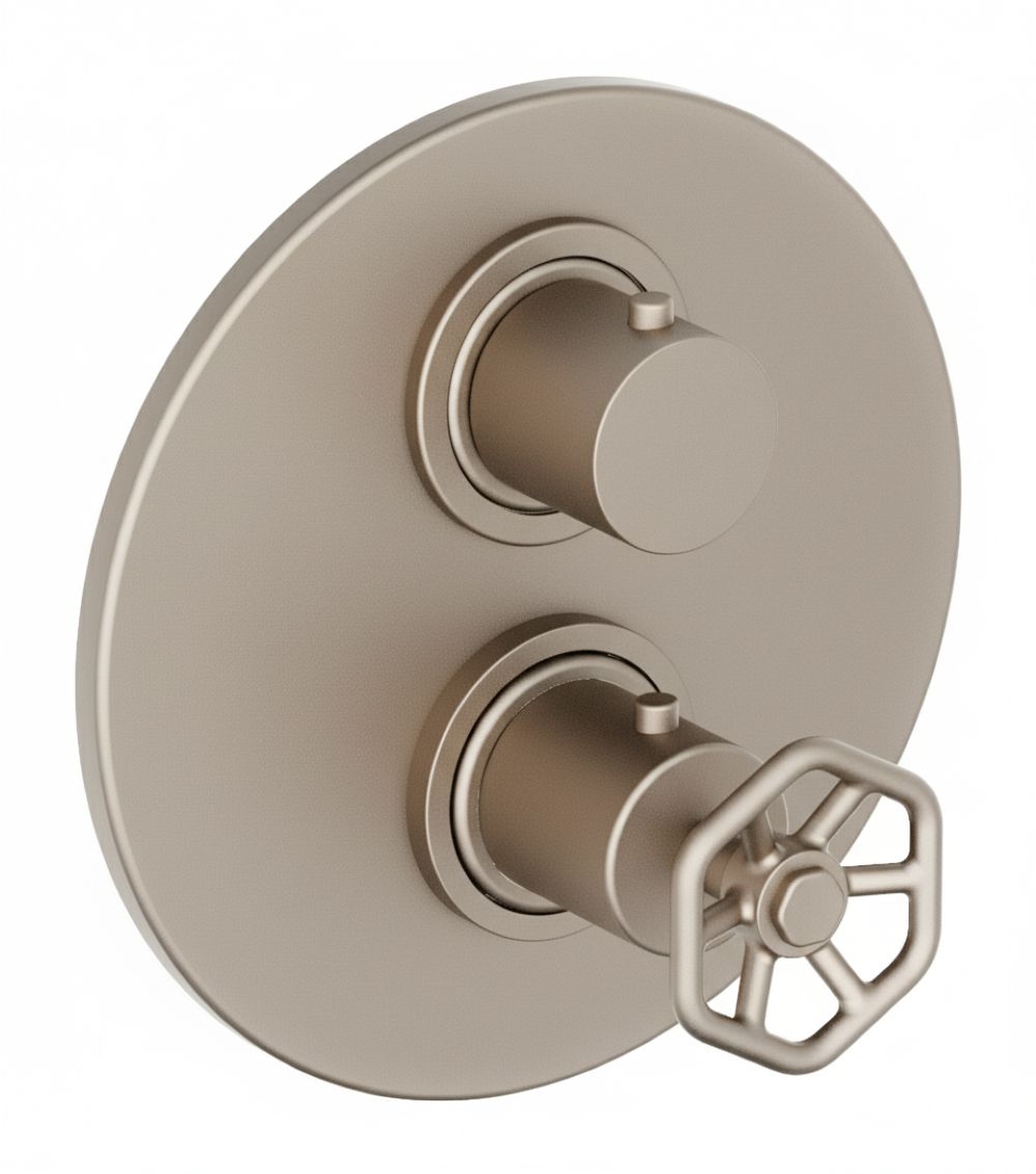 Lucia 2-Handle Wheel Handle Thermostatic Shower Faucet Trim Kit with Volume Control and 2-Way Diverter Trim Kit in Brushed Nickel (Valve Included)