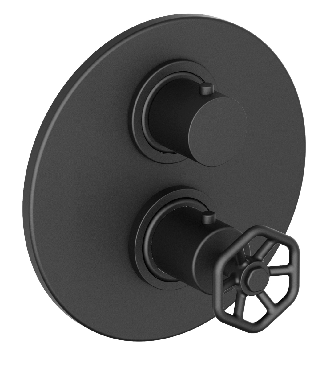 Lucia 2-Handle Wheel Handle Thermostatic Shower Faucet Trim Kit with Volume Control and 2-Way Diverter Trim Kit in Matte Black (Valve Included)