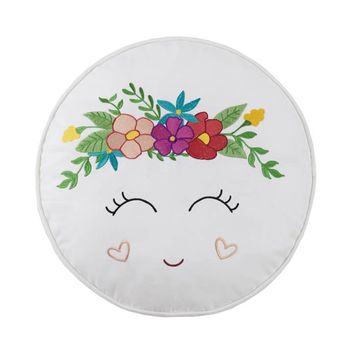 24KSL242C16RD 16 x 16 in. Floral Happy Face Embroidered Decorative Poly Fill Hook Pillow, Multi Color