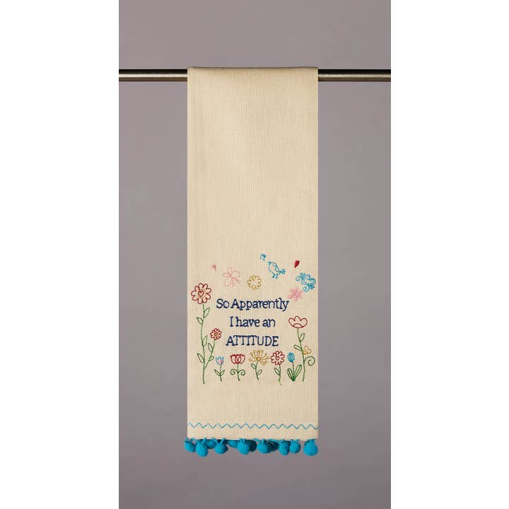 Picture of Peking Handicraft 04JI0423C 15 x 22.5 in. Apparently Attitude with Pom Pom Kitchen Towel, Multi Color 