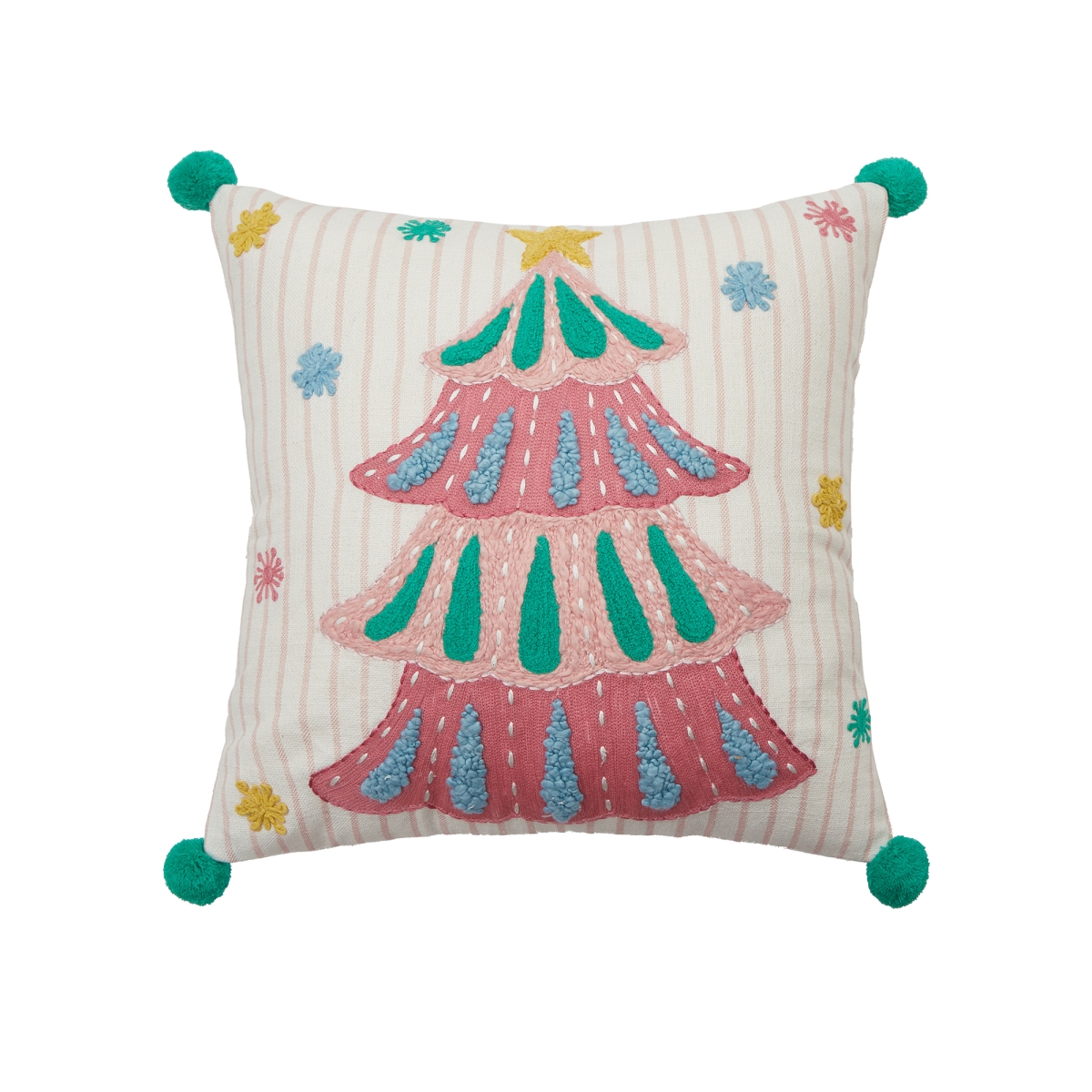 31DD77C16SQ 16 x 16 in. Holiday Brights Tree with Pom Pom Poly Fill Pillow, Multi Color