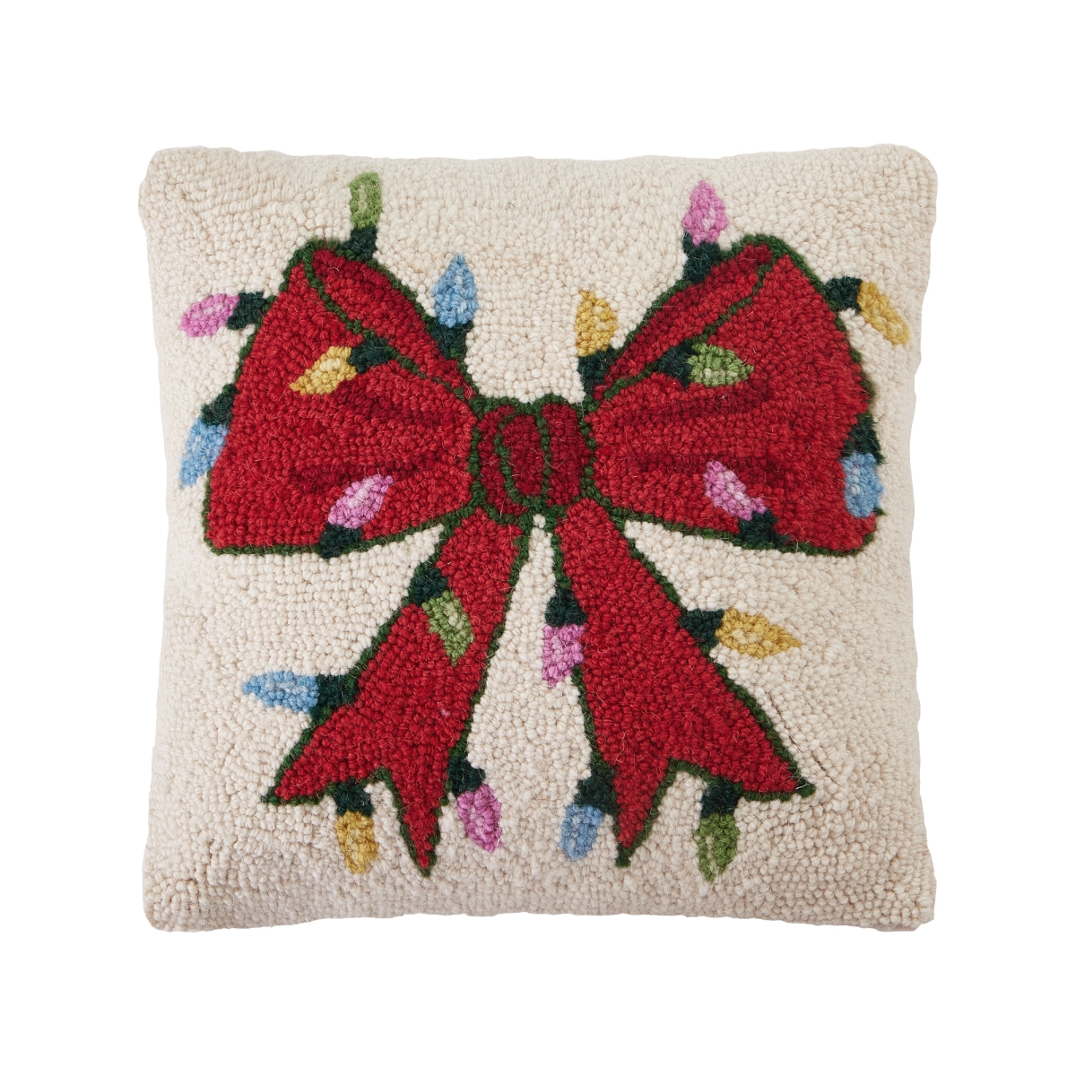 31AV717C14SQ 14 x 14 in. Christmas Lights Bow Poly Fill Hook Pillow, Multi Color