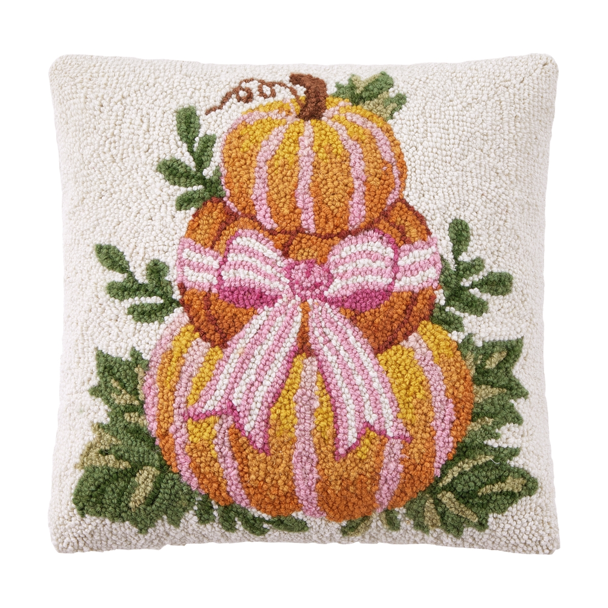 31AV690C16SQ 16 x 16 in. Pumpkin Stack with Stripe Bow Poly Fill Hook Pillow, Multi Color
