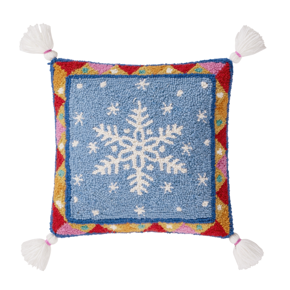 31AV759C14SQ 14 x 14 in. Fair Isle Snowflake Poly Fill Hook Pillow with Tass, Multi Color