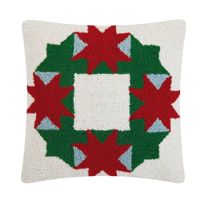 31AV117C14SQ 14 x 14 in. Christmas Patchwork Wreath Hook Pillow, Multi Color
