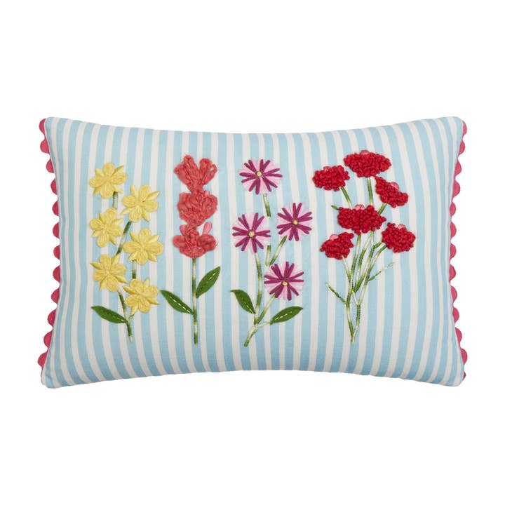 24DD73C18OB 12 x 18 in. Blue Stripe Floral Oblong Embroidered Poly Fill Hook Pillow, Multi Color
