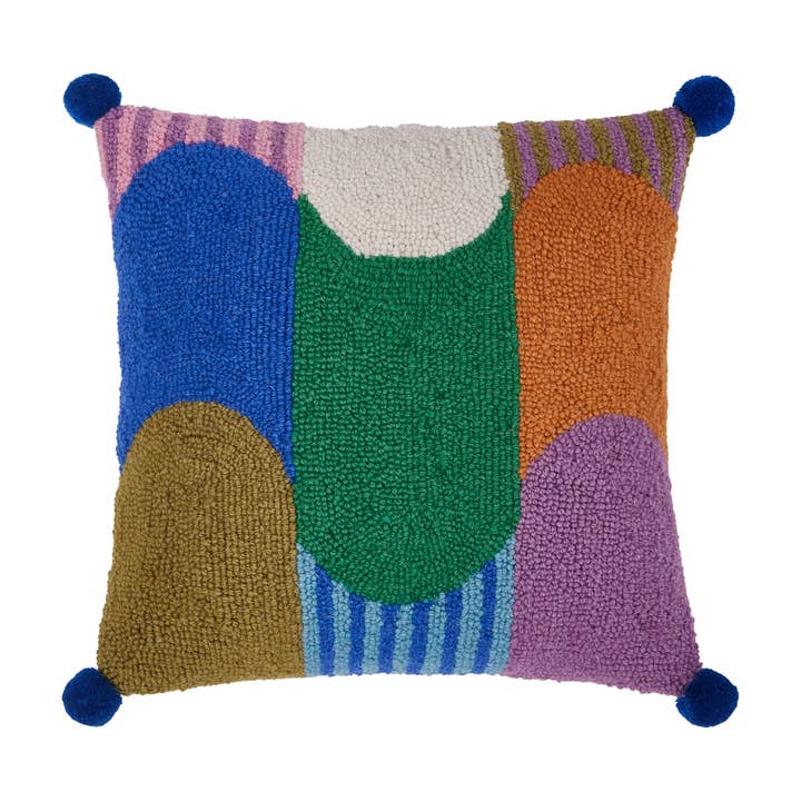 30EO241C16SQ 16 x 16 in. Wave with Pom Pom Poly Fill Hook Pillow, Multi Color