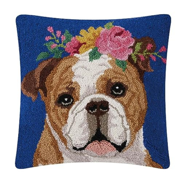 30SJM10872C18SQ 18 x 18 in. Floral Bulldog Square Hooked Wool Throw Pillow, Multi Color