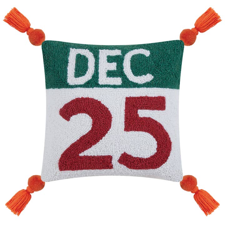 31APS173C14SQ 14 x 14 in. Dec 25 Poly Fill Hook Pillow with Pom Tassel, Multi Color
