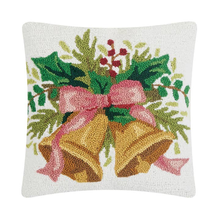 31SJM10998C16SQ 16 x 16 in. Christmas Bells White Poly Fill Hook Pillow, Multi Color