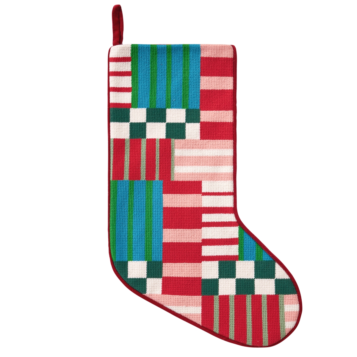 31APS233MC 11 x 18 in. Modern Patchwork Embroidered Needlepoint Stocking with 100 Percent Poly & Cotton Velvet