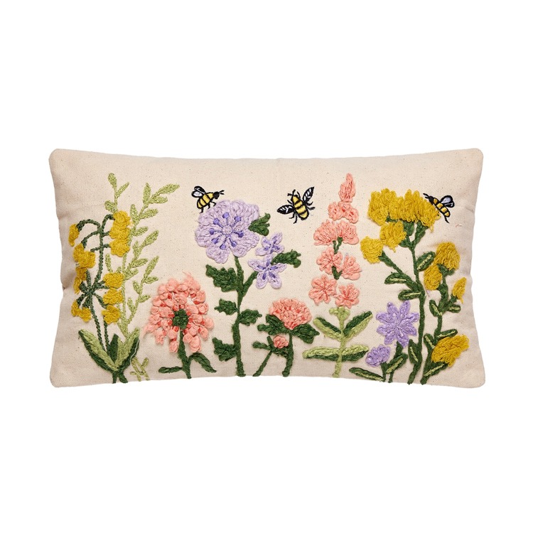 24DD89C16OB 9 x 16 in. Floral Natural Field Embroidered Poly Filled Pillow