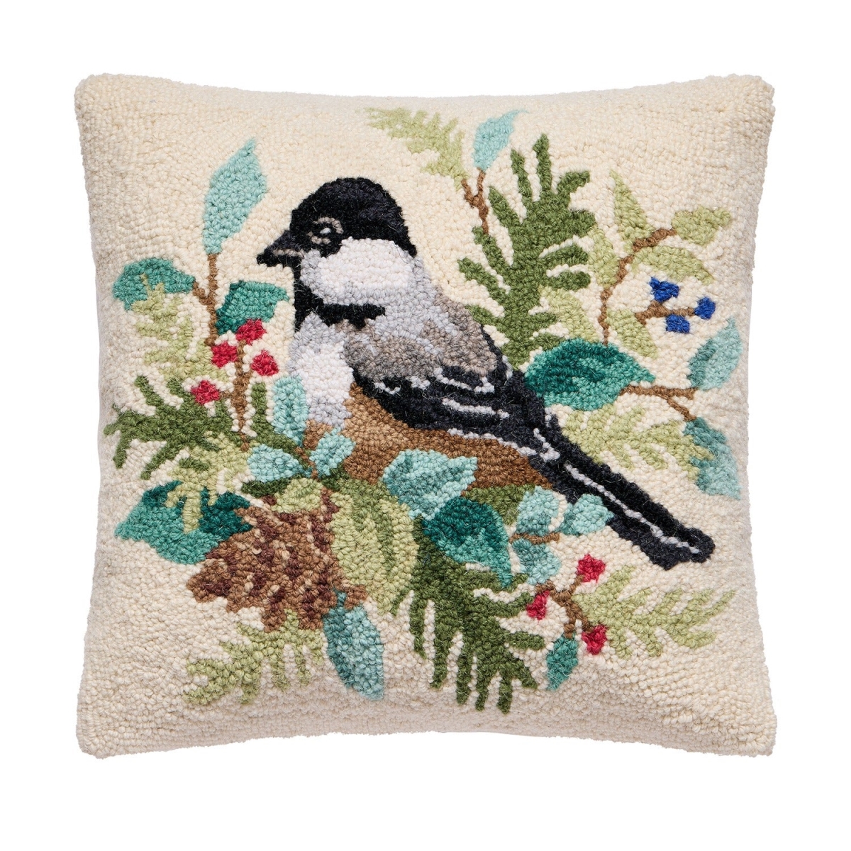 31SJM11326C16SQ 16 x 16 in. Holiday Chickadee Poly Filled Hook Pillow