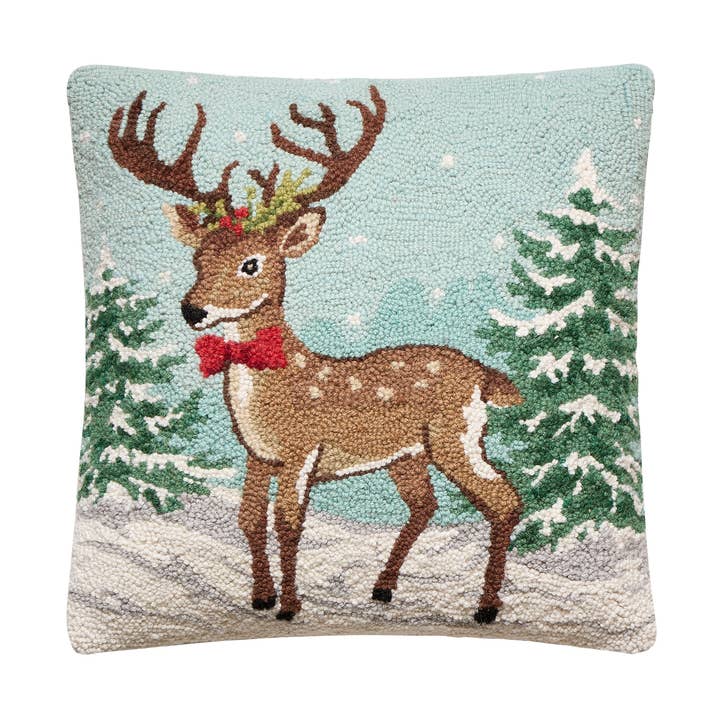 31SJM11334C18SQ 18 x 18 in. Snowing Reindeer Poly Filled Hook Pillow