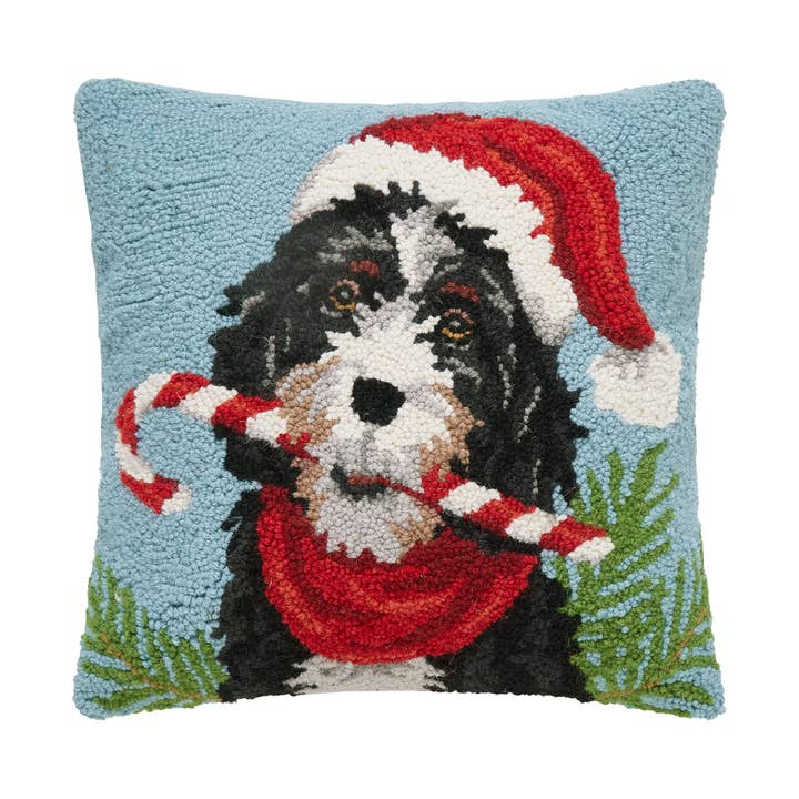 31SJM11487C16SQ 16 x 16 in. Christmas Bernedoodle Poly Filled Hook Pillow