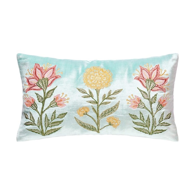24AV1544C16OB Blue Spring Mughal Embroidered Poly Filled Pillow, 9 x 16 in.