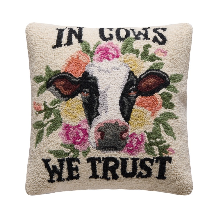30JGY19C16SQ In Cows We Trust Hook Pillow with Ploy-Filled - 16 x 16 in., 100 Percent Wool, Cotton & Poly